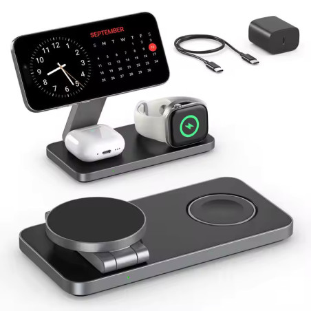 Statie de Incarcare Wireless 3‑in‑1 – Fast Charger 15 W, Compatibilitate Universala cu Apple